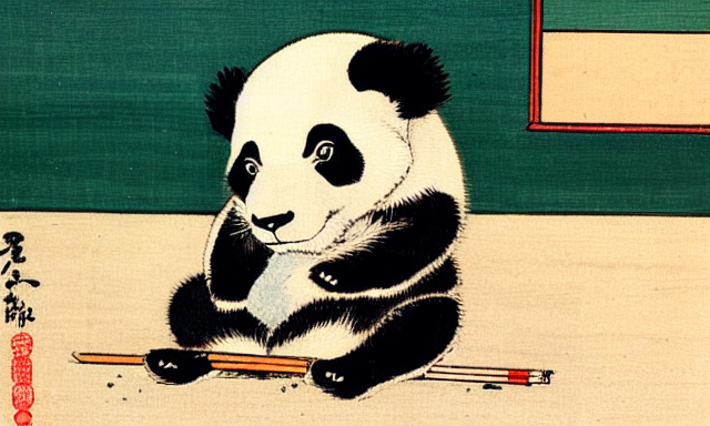 A generated image of a painting by Katsushika Hokusai of a panda sitting in a primary school classroom