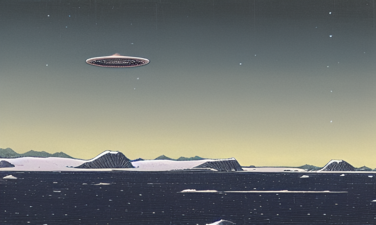 A Kawase Hasui painting of a UFO in the icy landscape of Antarctica