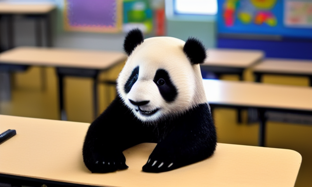 A generated image of a panda sitting in a primary school classroom